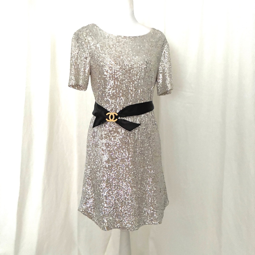 BB Dakota Steve Madden Champagne Silver Sequin Shift Dress Glam Party Sparkle S
